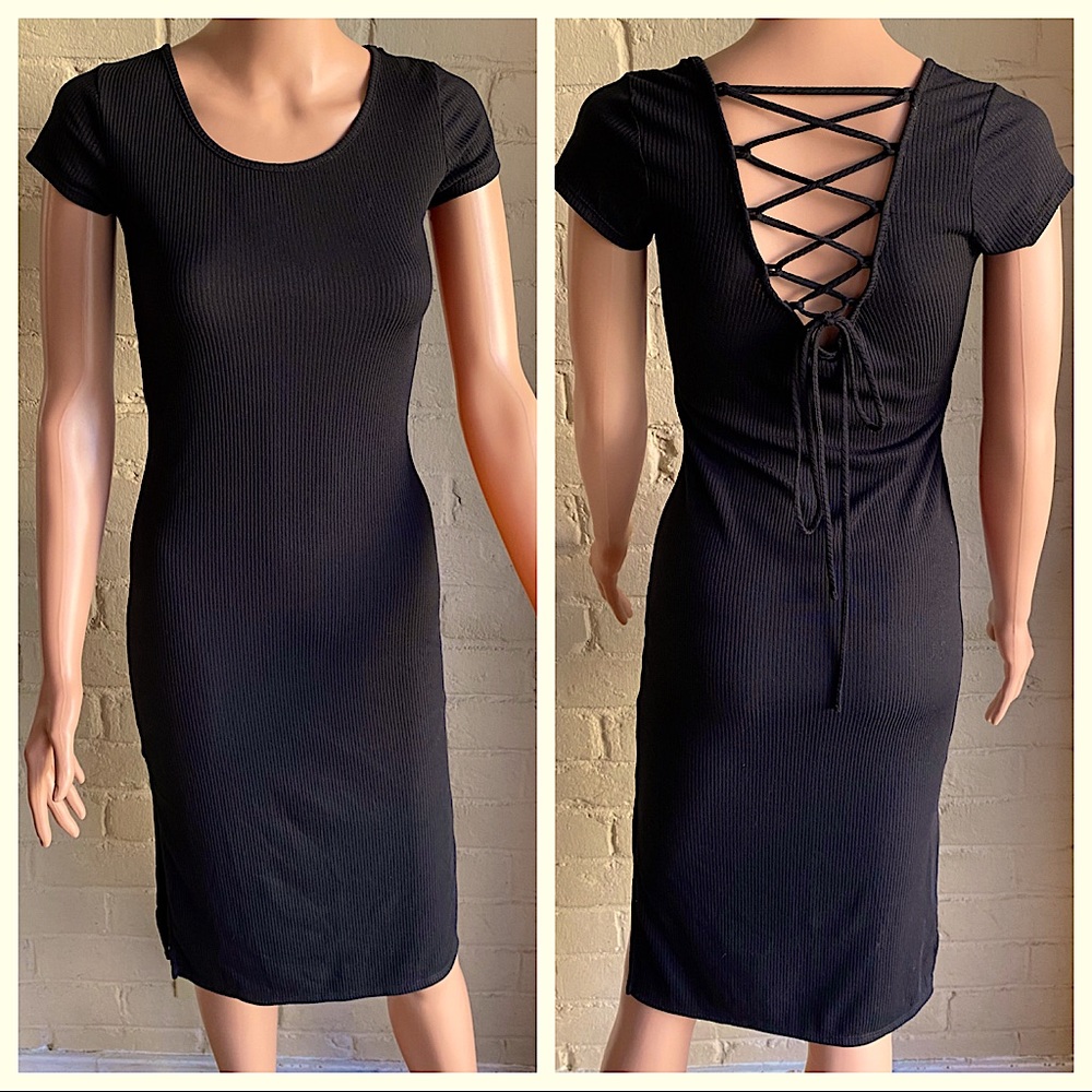 One Clothing beautiful midi black dress lace up back detail size small